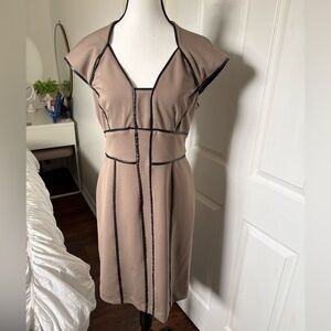 Maggy London Taupe Sheath Dress Size 12 Black Trim Workwear Cocktail